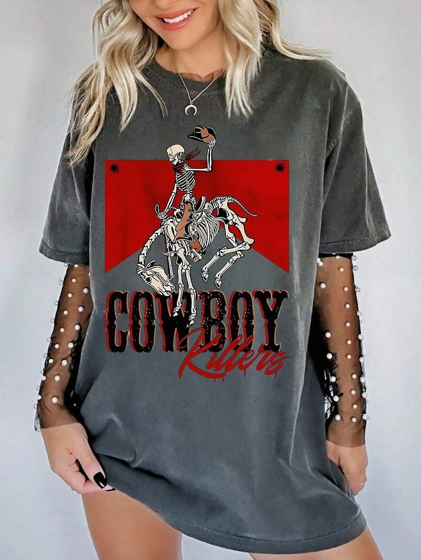 

Женская футболка в ковбойском стиле с круглым вырезом, коротким рукавом и принтом скелета лошади, свободного кроя