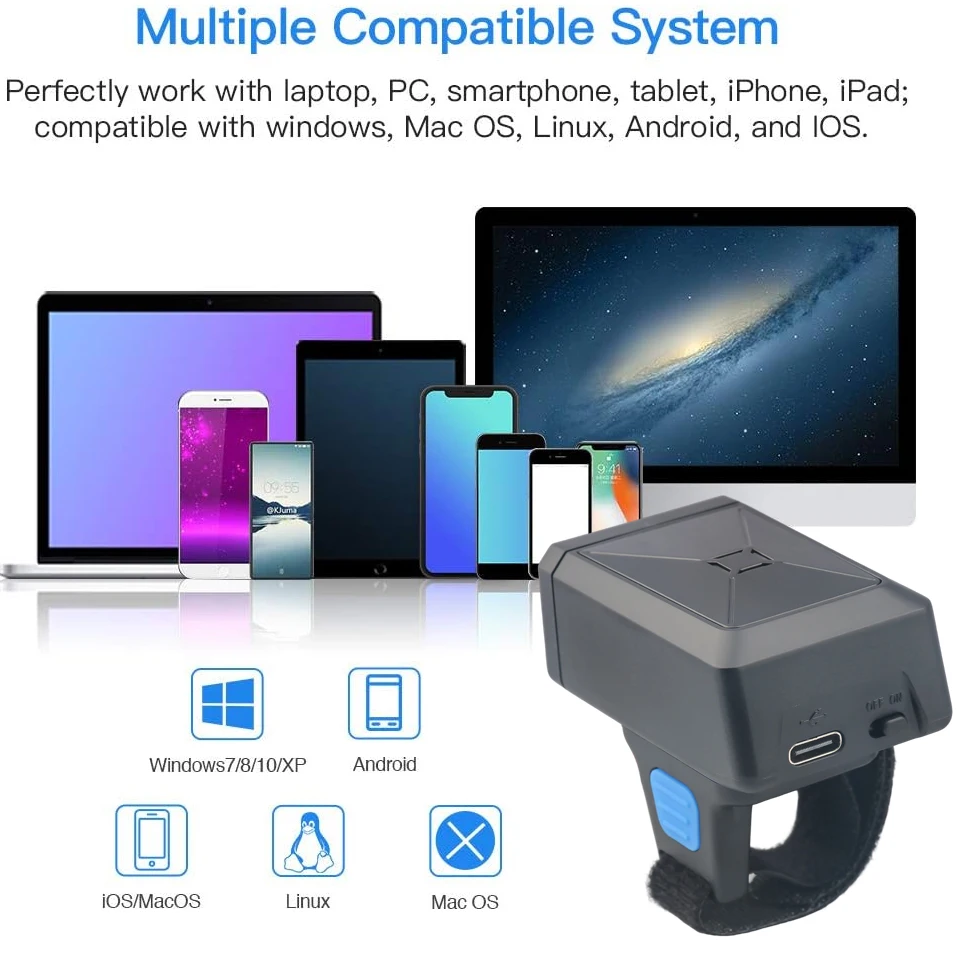 2D Finger Ring Barcode Scanner, Mini Wearable 3-in-1 USB Wired & 2.4G Wireless & Bluetooth Scanner, Image 1D QR Bar Code Reader
