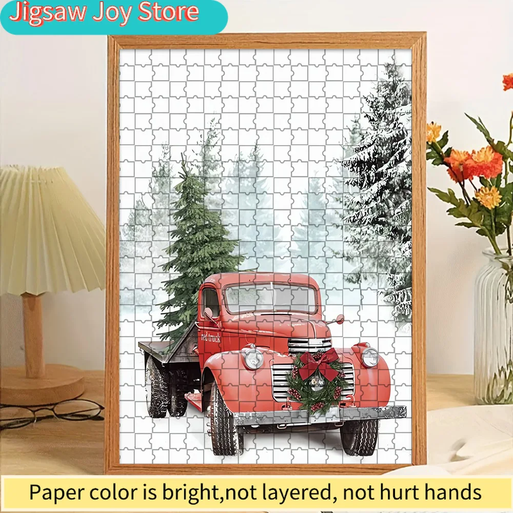 

Бумажный пазл с винтажным изображением красного рождественского грузовика с елкой, художественный принт, декор для стен, зимний снежный лес, праздничная иллюстрация