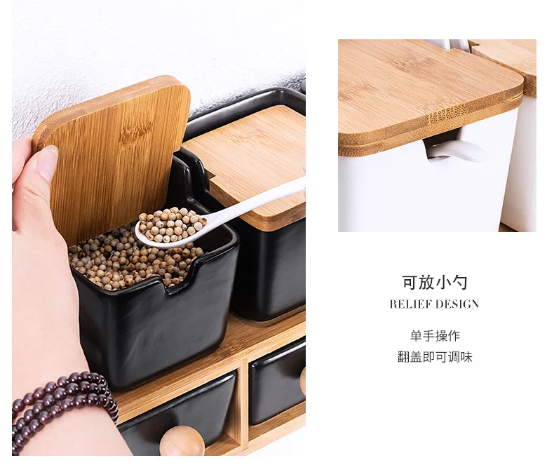 Square Ceramic Seasoning Jars Bamboo and Wood Seasoning Jar Japanese Jar Kitchen Household Salt Seasoning Box Set