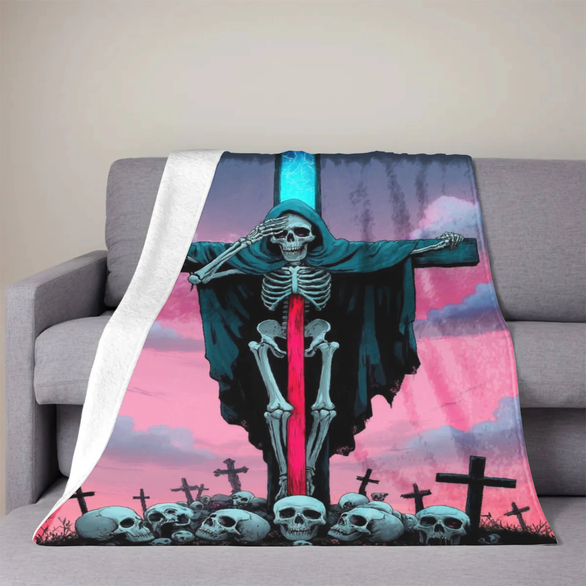 A Fleece Blanket Featuring a Skull Cross Design Against a Pink Sky Background - Soft, Warm, And Versatile, Suitable for Sofas, B