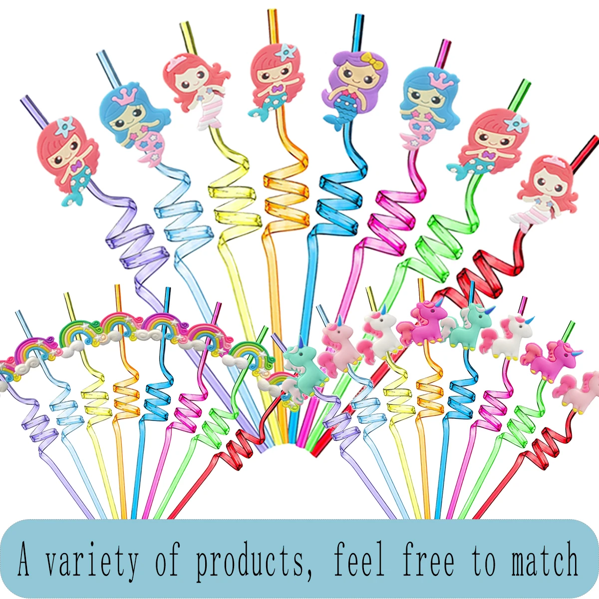 8-24PCS Curly Colored Reusable Children\'s Straws, Mermaid, Rainbow, Little Mary Straws For Princess Birthday Party Decorations