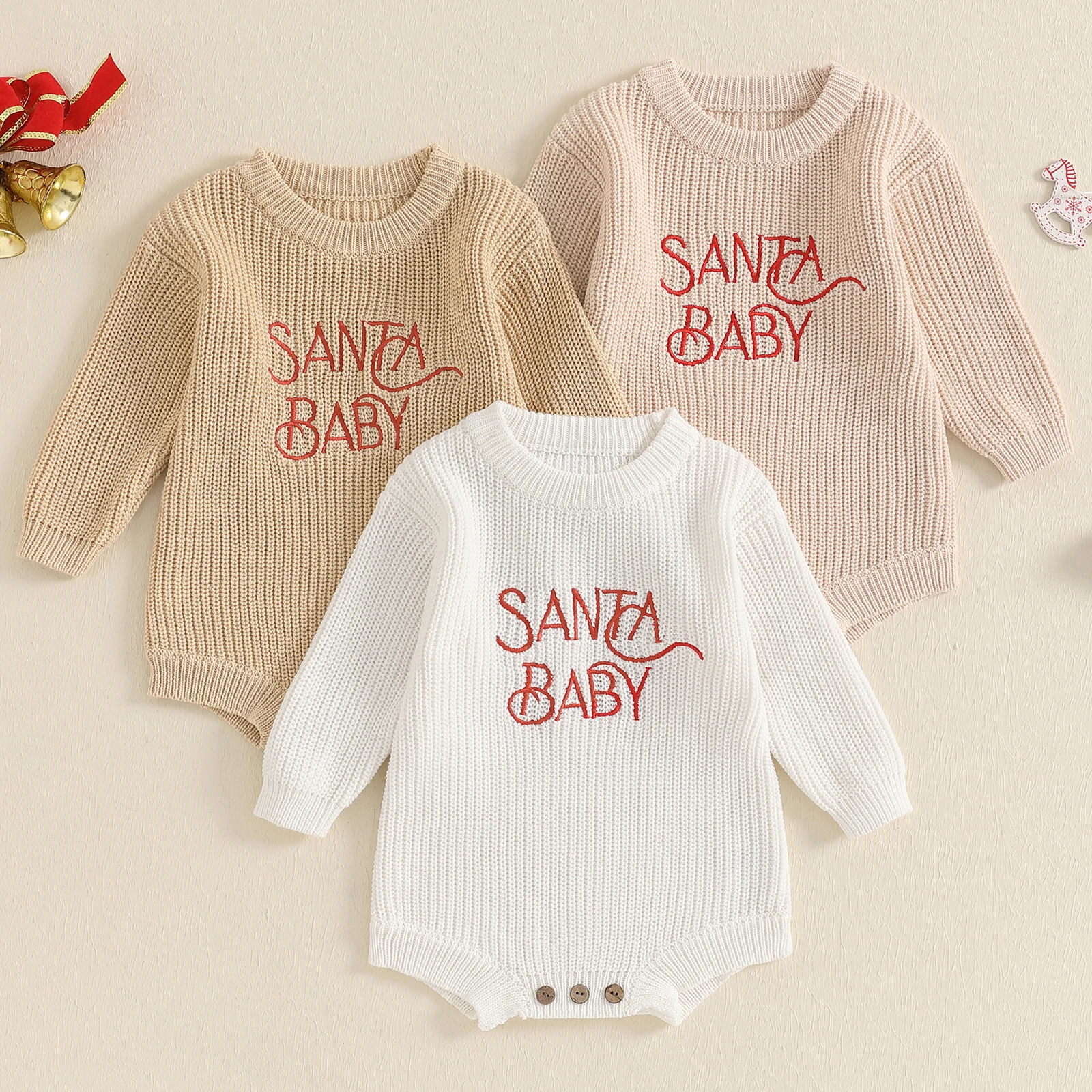 Tregren  Newborn Baby Sweater Romper Long Sleeve Round Neck Letter Embroidery Knit Bodysuit Christmas Outfit