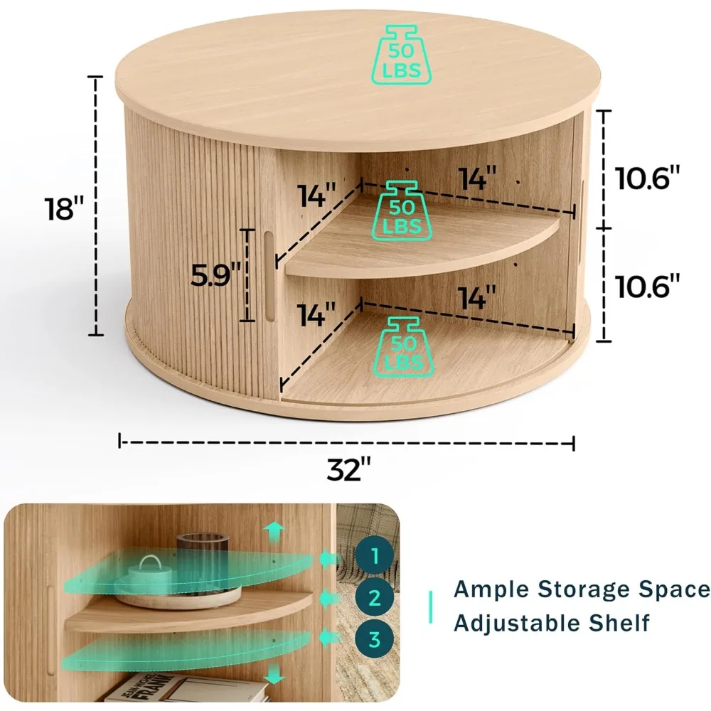 طاولة قهوة مستديرة، طاولة قهوة ذات أسطوانة 31.5 مع باب منزلق، طاولة مركزية مع مساحة تخزين، منتصف Ce #3