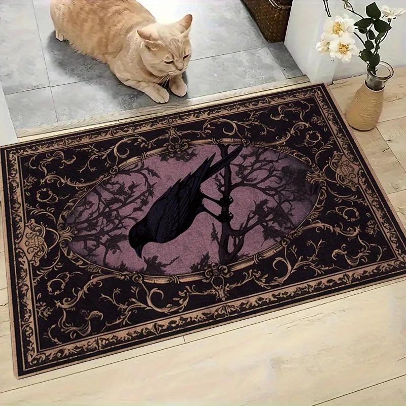 Gothic Raven Vintage Frame Flannel Rug Dark Art Style Non-slip Floor Mat for Living Room Bedroom Study Room Decor