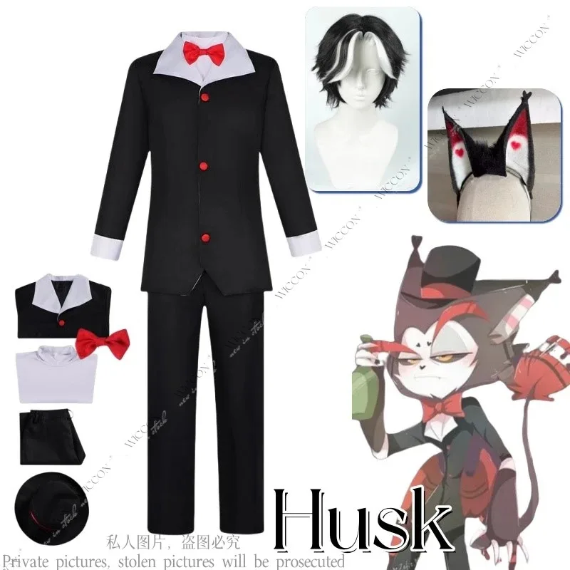 Uniforme Hazbin Husk disfraz de Cosplay para fiesta de Halloween trajes negros con sombrero orejas Prop Hotel Roleplayc;6,r'8;p'