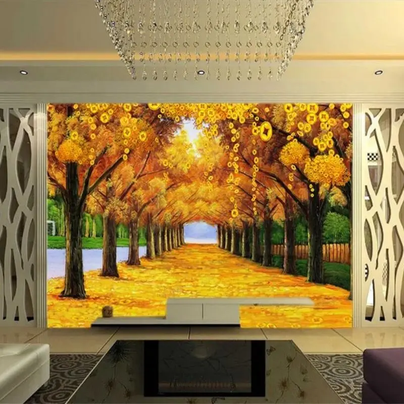 Beibehang-Custom Grande Photo Mural, 3D Money Tree, Boulevard Dourado, Fundo De TV, Papel De Parede, Pintura Decorativa