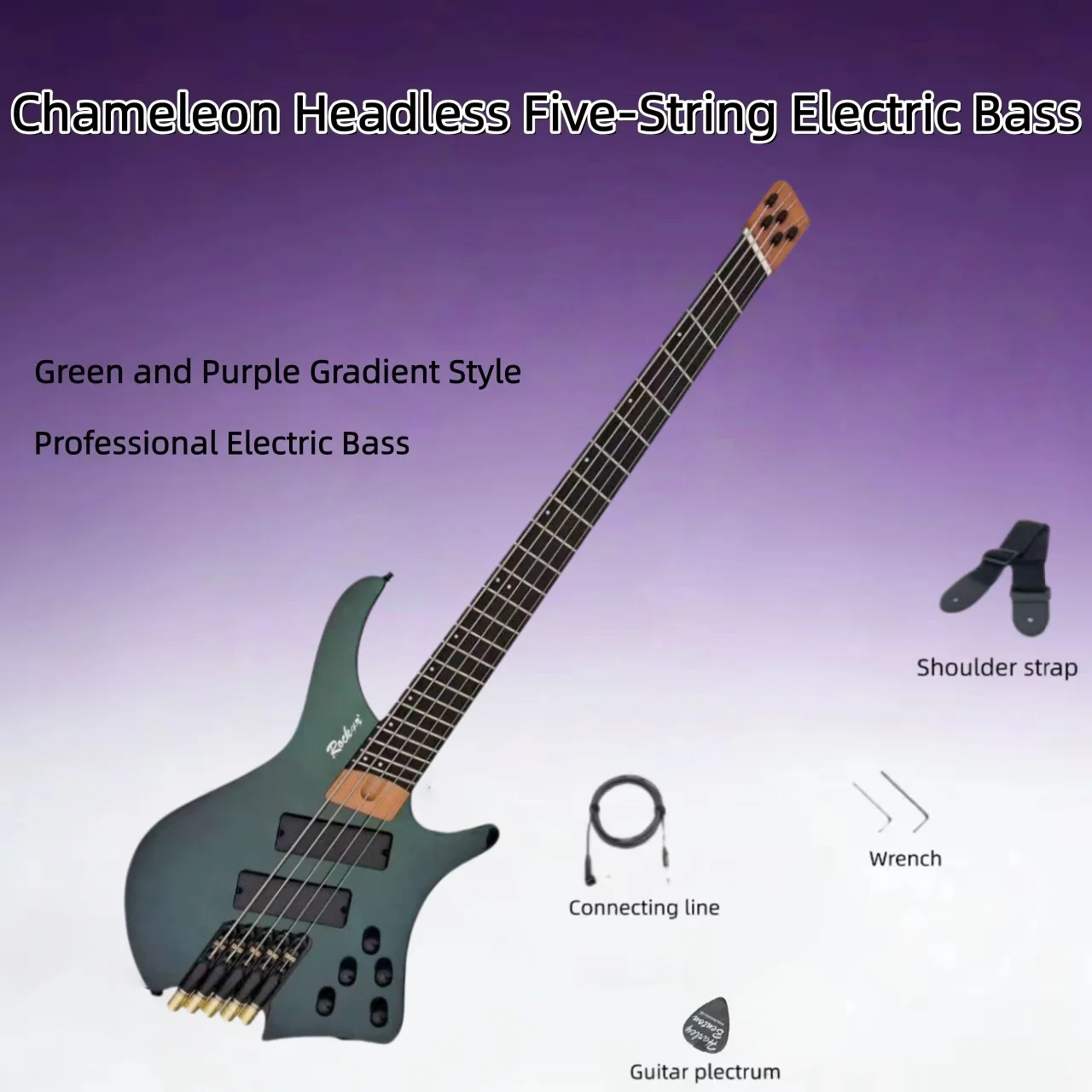 Chameleon Five String Bass Green Purple Transformation Professional Performance Headless Electric Bass