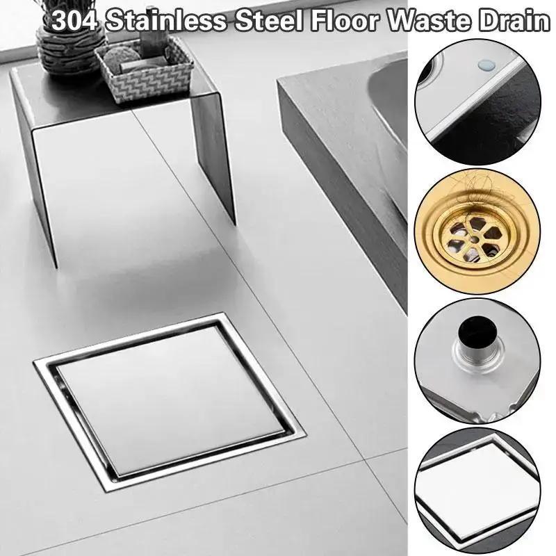 2PC With Removable Grate Cover Hair Strainer10/11/15cm Square Shower Drain Tile Insert Anti Odor Stainless Steel Floor Drain Kit