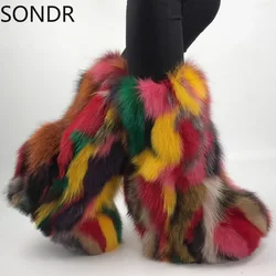 Womens Round Toe Mid Calf Boots Real Fox Fur Furry Hidden High Heel Rainbow Colors Warm Winter Snow Shoes New 2024