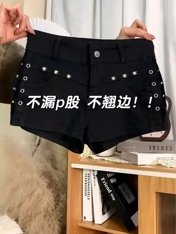 

High Waist Super Short Slim Fit Thin Denim Jeans Women's Summer High Waist Workwear Hot Pants Black Lemon Design Casual Style