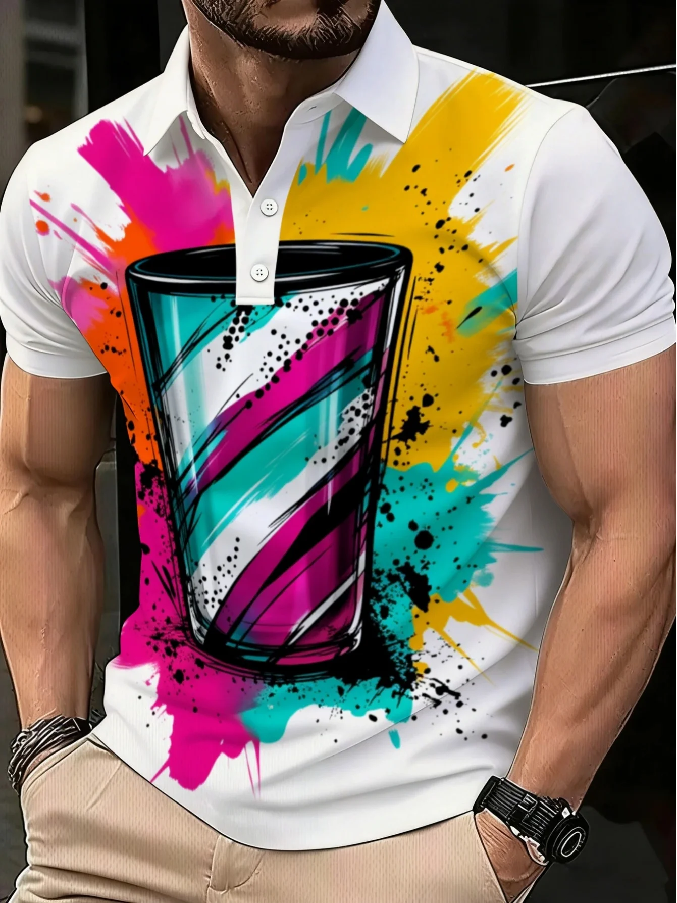 New men's short-sleeve polo shirt T-shirt, loose-fitting and tailored with printed patterns, versatile basic crew-neck top suita