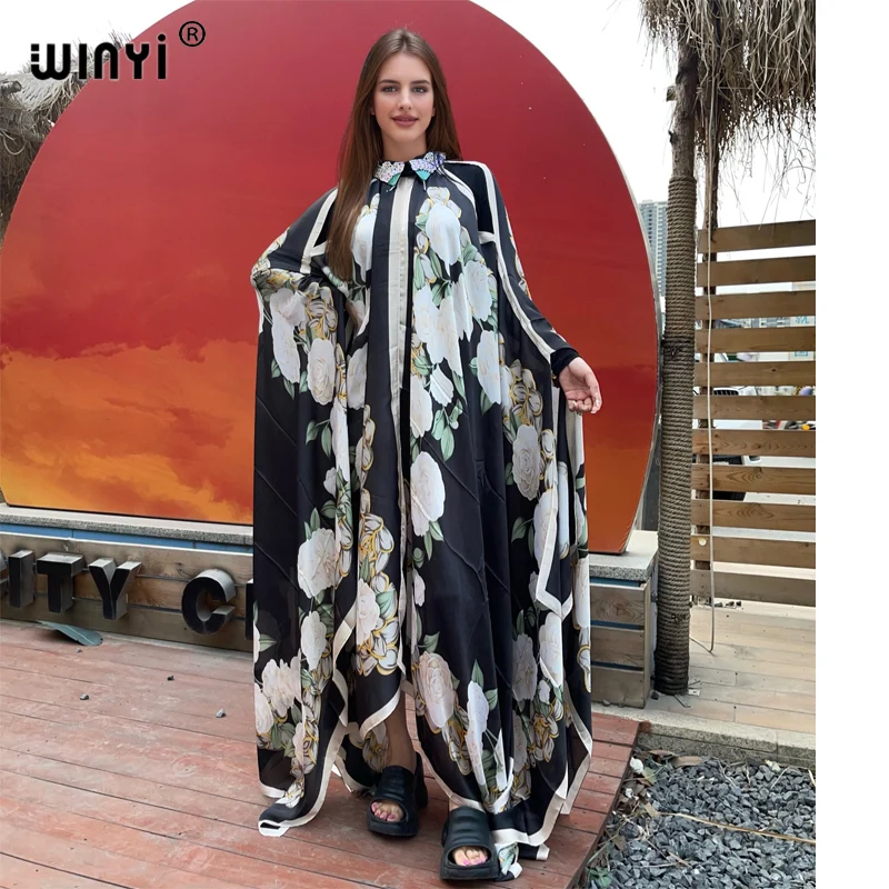 

WINYI Kimono Summer beach wear women 2024 Cardigan Maxi African Holiday long Sleeve silk feeling beach cover up evening dress