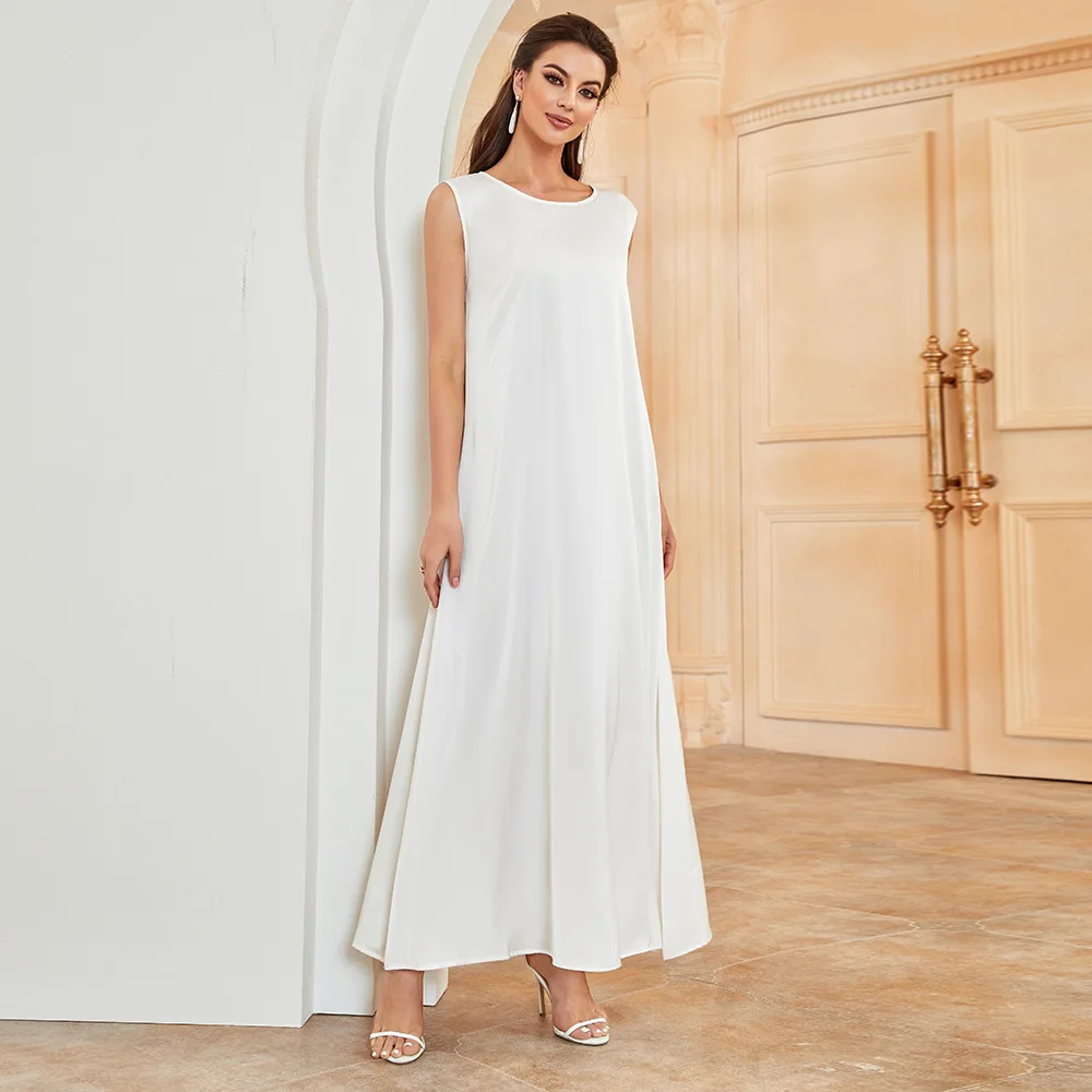 Ramadan Under Abaya Satin Inner Dress Muslim White Sleeveless Slip Dresses for Women Islamic Clothes Dubai Turkey Outfit Kaftan