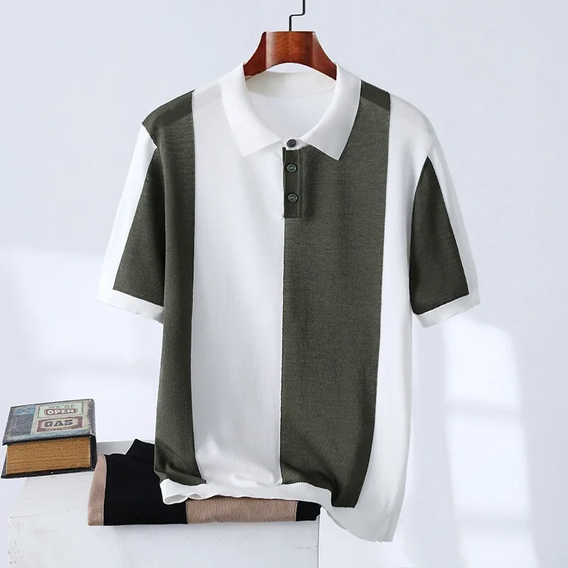 عالية الجودة اللون منعت مخطط الحياكة الرجال قمصان بولو الصيف رقيقة الحرير الجليد تنفس التلبيب تي شيرت الأعمال عادية تيز #3