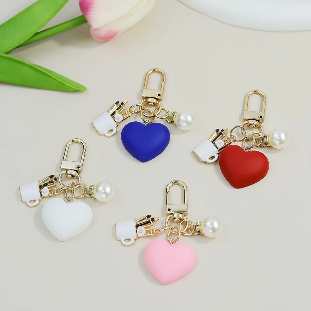 Simple Heart Shape Keyring Colorful Love Keyring With Pearl Pen Container Pendant Women Men Souvenir Gift For Car Key Chains