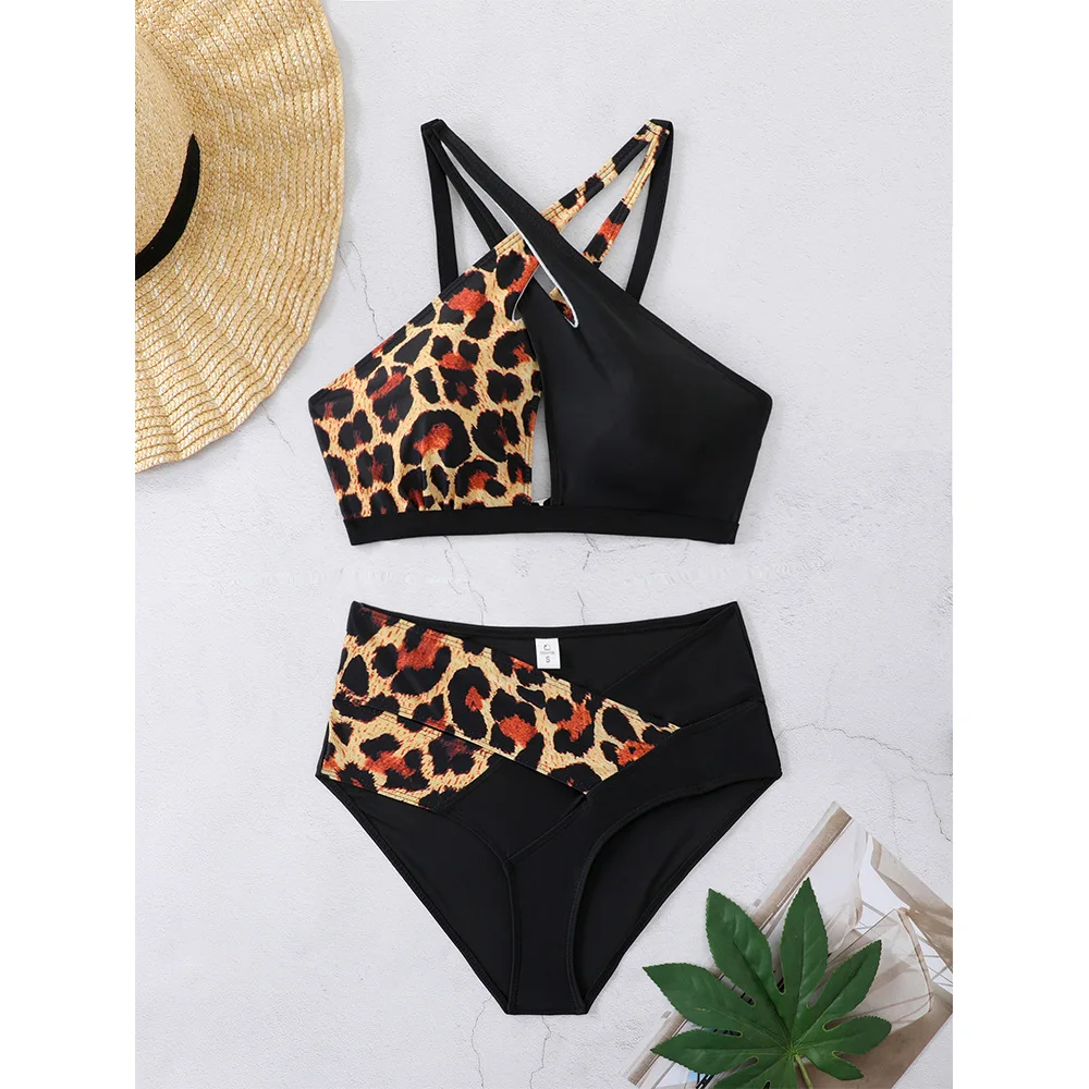 

Sexy High Waisted Bikinis Sets Two Pieces Swimsuit Black Leopard Swimwear Female Cross Brazilian Biquini Beach Wear Bathing Suit