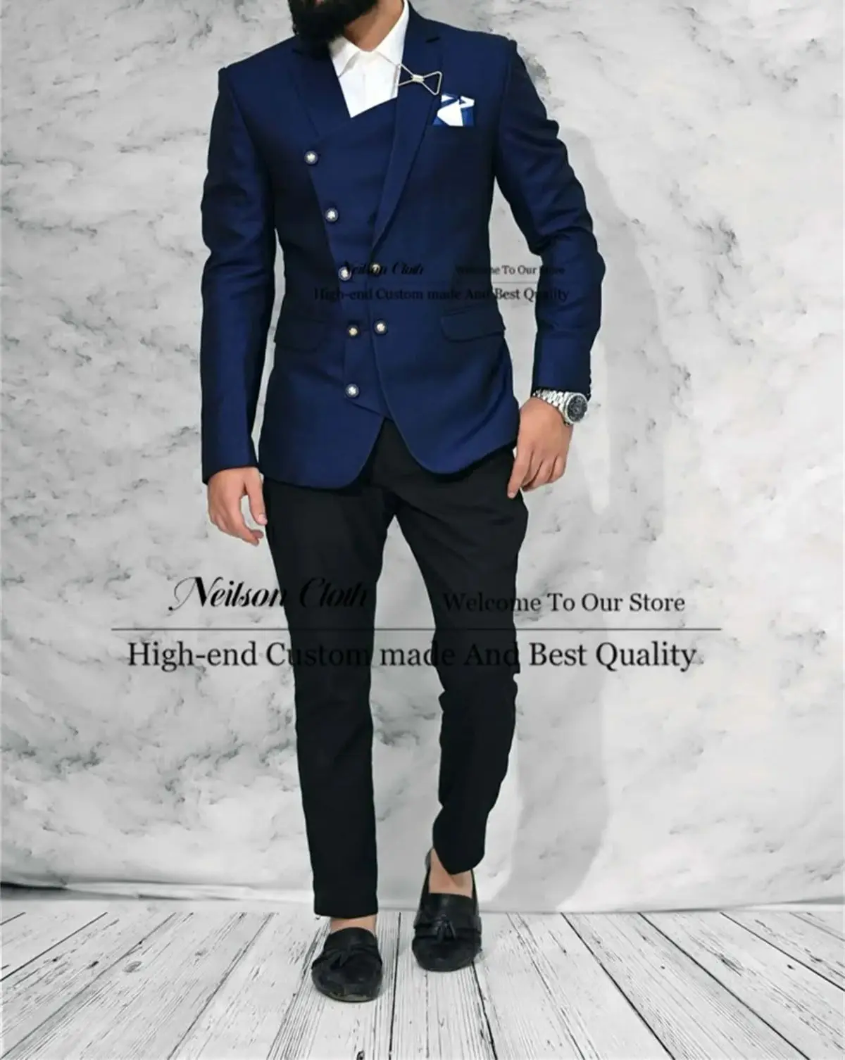 

Fashion Notched Lapel Male Prom Blazers Customized Dark Blue Groom Wedding Tuxedos 2 Pieces Sets Double Breasted Costume Homme
