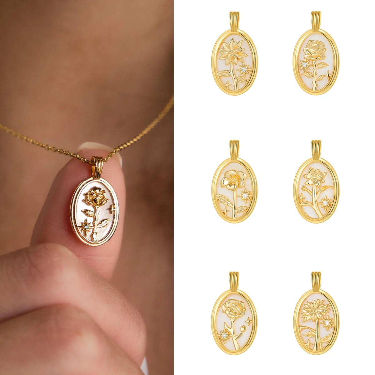 

12 Birthstone Flower Collar Zircon Choker Necklace for Women Gold Plated White Shell Oval Pendant Necklace Charm Jewelry Gifts