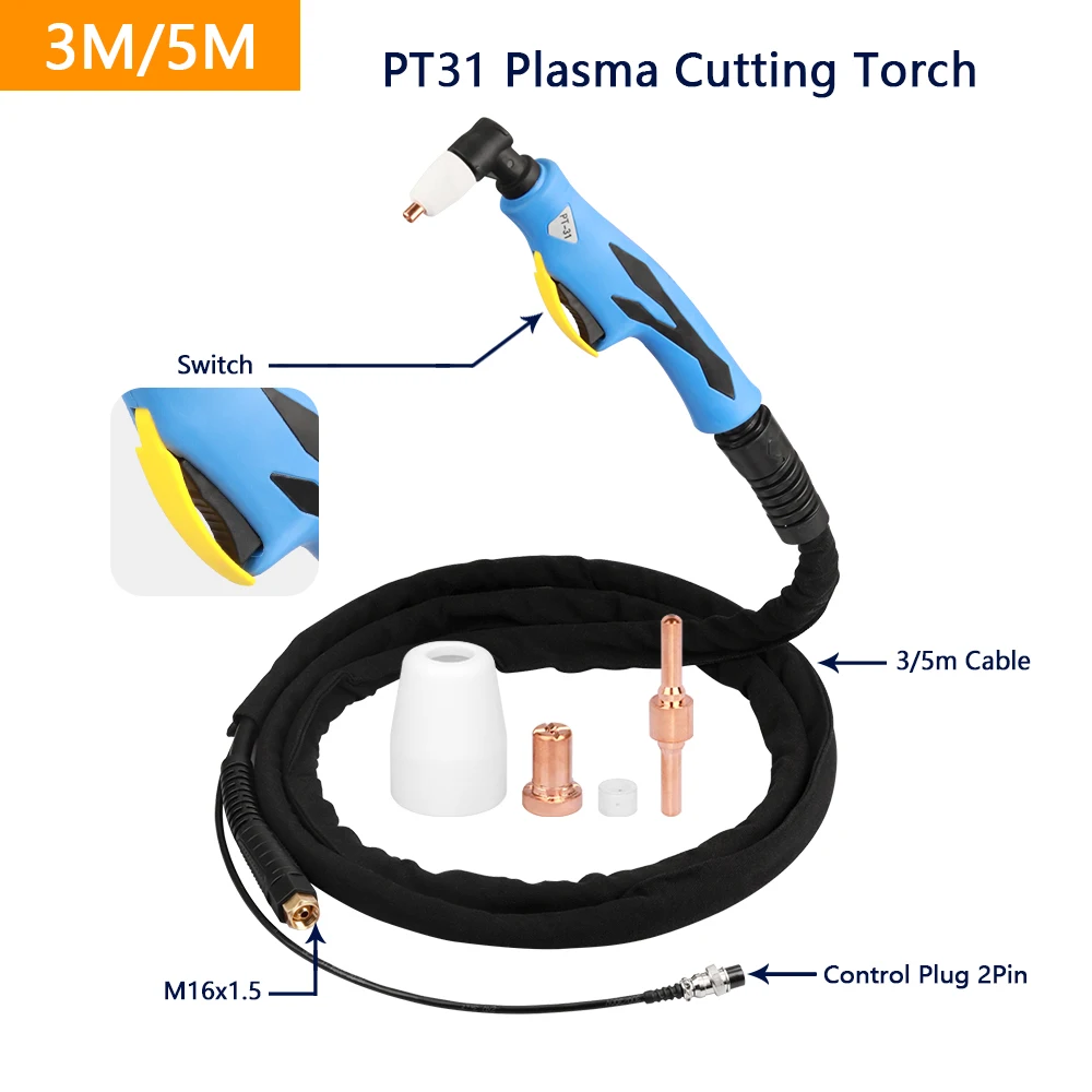 

PT31 Plasma Cutting Torch 3M 5M Cable PT-31 Torch for 30-55A Air Cooled Plasma Cutting Machine Tip Nozzle CUT50 CUT55