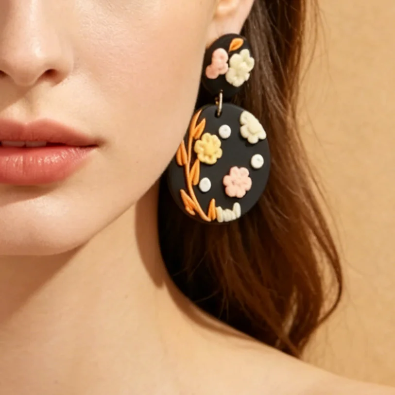 Boho Floral Polymer Clay Earrings Black Arch & Round Dangle Lightweight Handmade Vintage Chic Statement Jewelry for Women