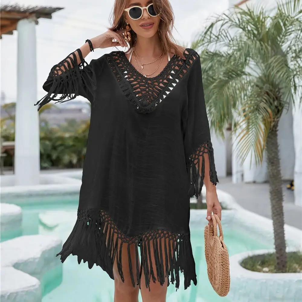 Vestido ahuecado de punto para mujer, traje de baño para playa, ropa de playa