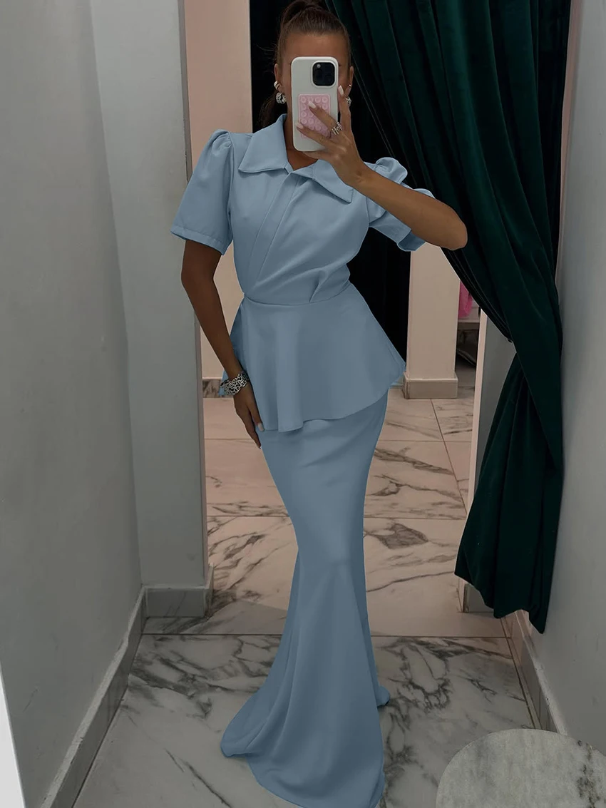 

Marthaqiqi Fashion Ladies Pajamas Set Sexy Turn-Down Collar Sleepwear Short Sleeve Nightgowns Long Skirts Female Nightwear Suit