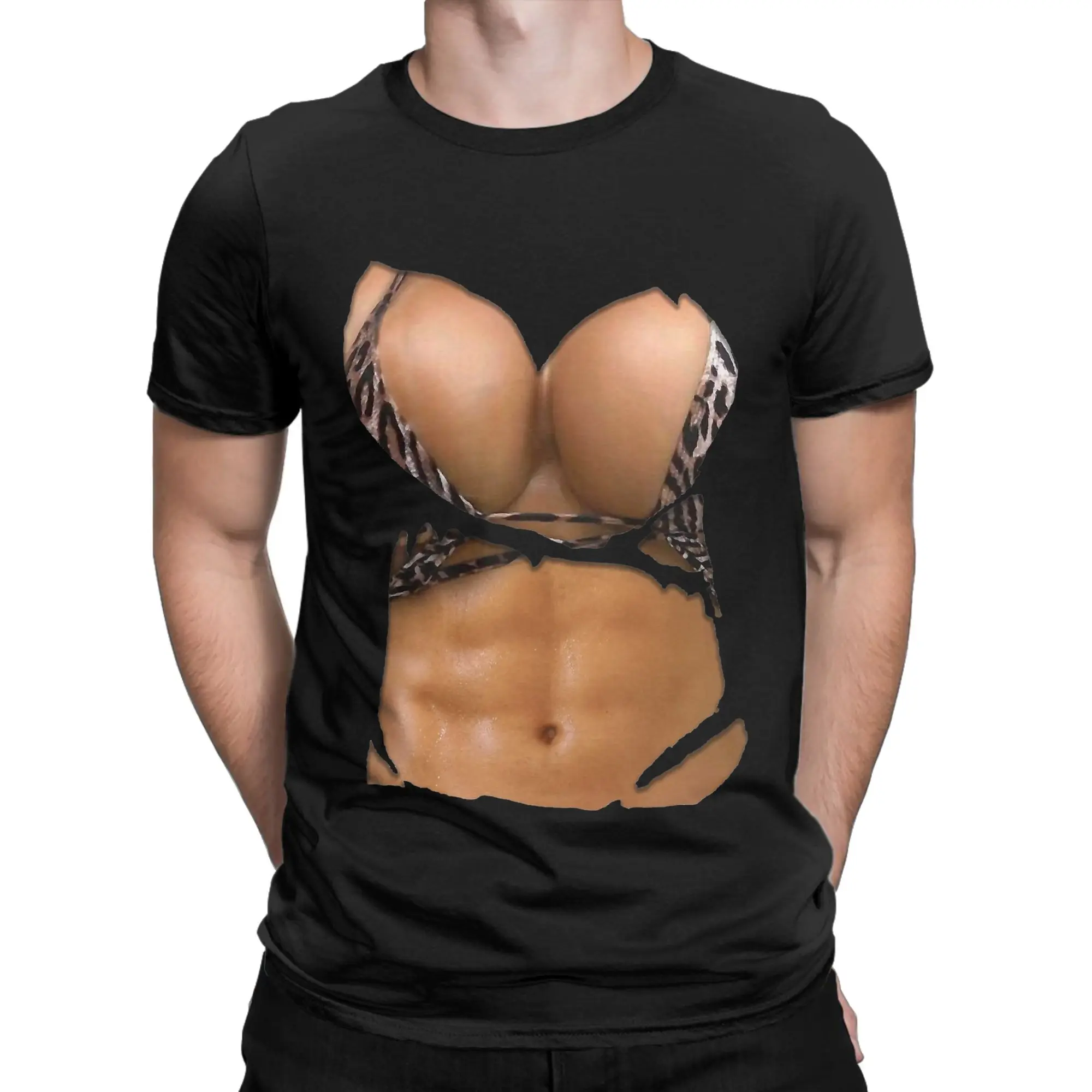 Fake Abs Shirt Bikini Body Muscle Six Pack Fake Novelty 100% Cotton T-Shirt Mesh Tees Tops For Men