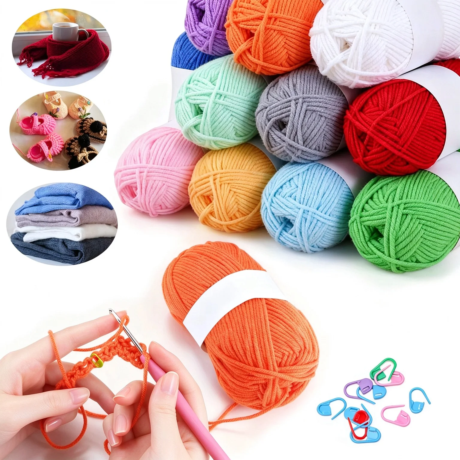 12-color DIY acrylic yarn set comes with a crochet hook and 120 stitch markers soft yarn perfect for crocheting hats  and crafts