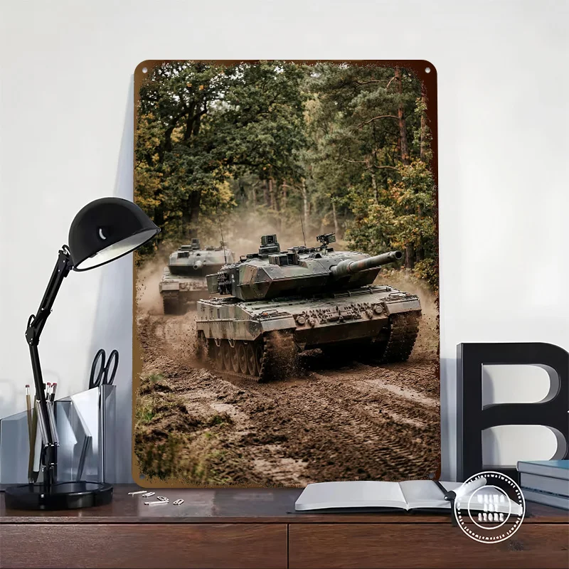 Tanks Driving Through a Forest Poster Retro 3D Printed Metal Signs Customized Wall Hanging Gift for Living Room Decoration House