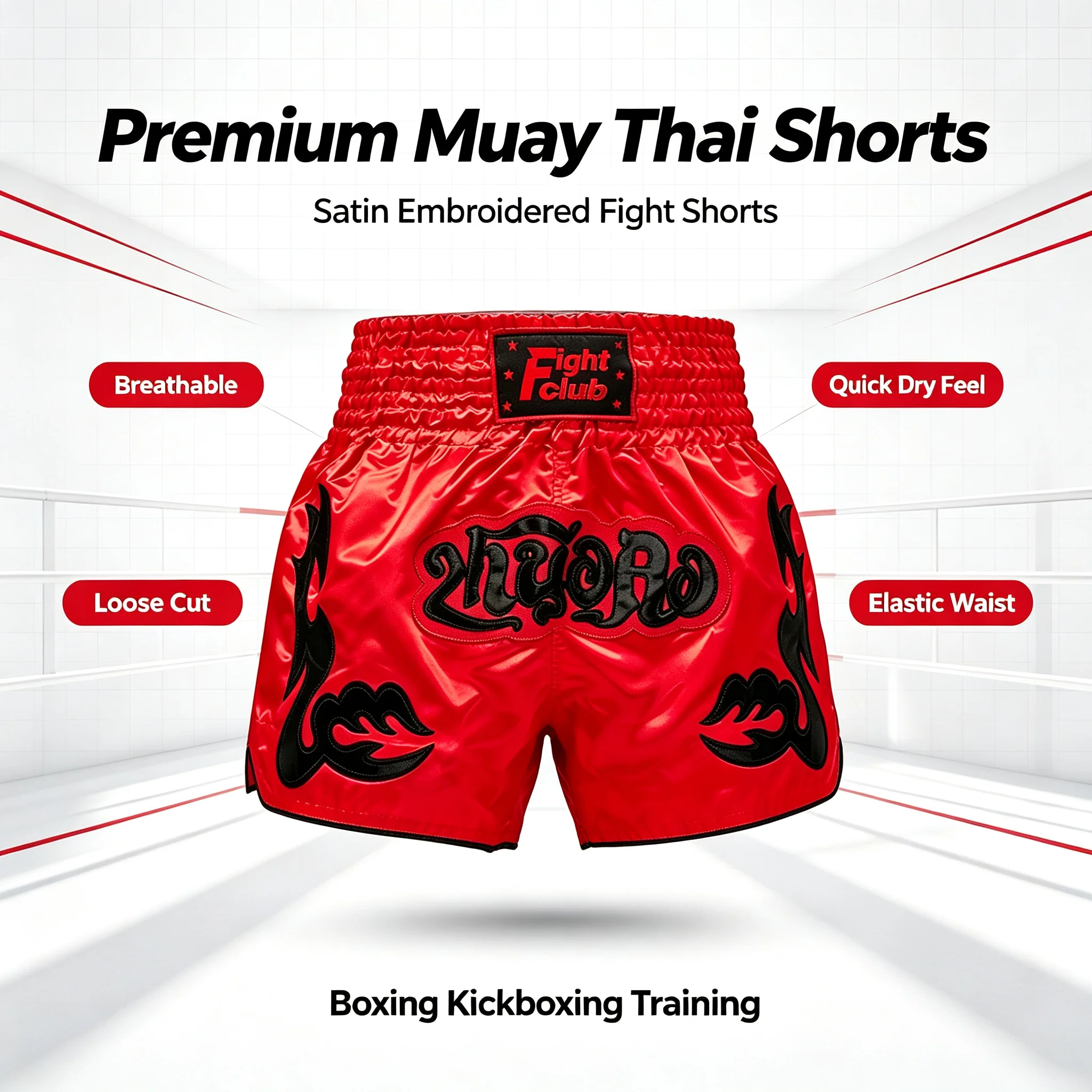 Satin Muay Thai Shorts mit Stickerei, Boxshorts mit Elastikbund für Männer, Frauen und Kinder, Kampfshorts für Kickboxen, MMA-Training und Sparring