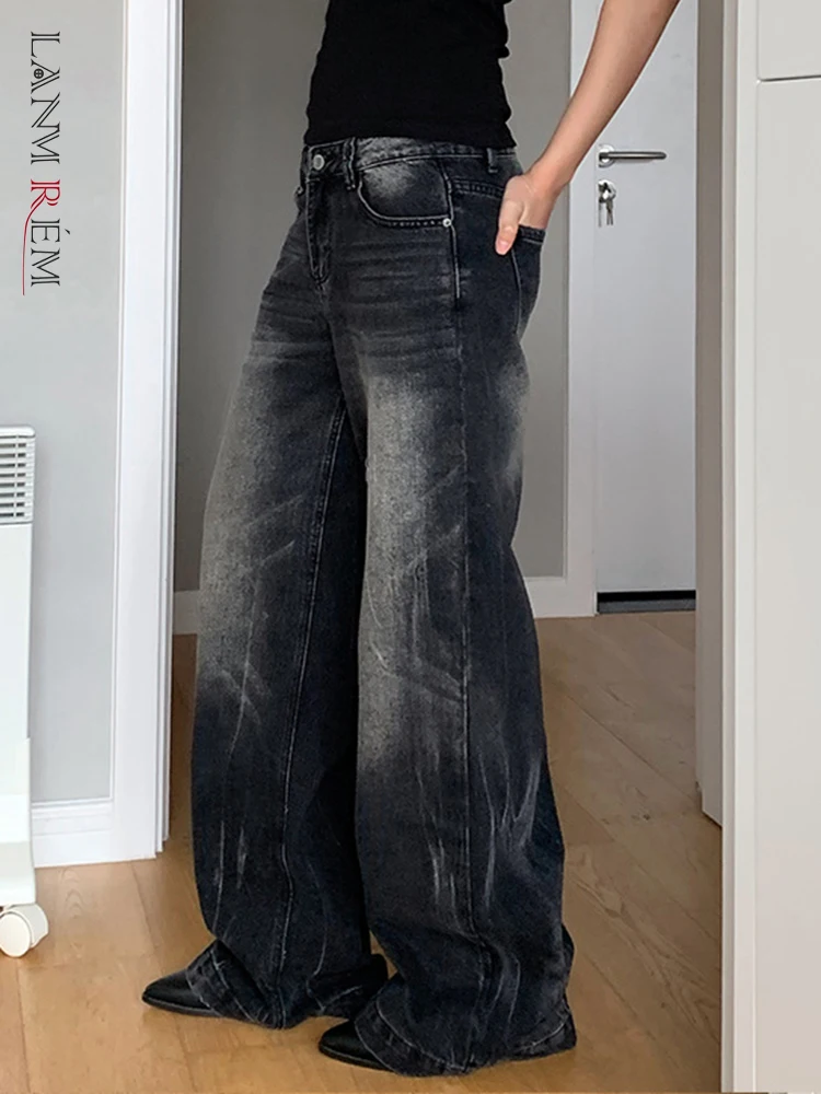 

[LANMREM] Washed Jeans For Women High Waist Straight Wide Leg Denim Pants Streetwear Tide Trousers 2024 Winter New CP3485