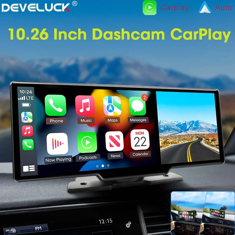 

10.26" Car Dvr Carplay Android Auto Dashcam 4k 3840*2160 Front And 1080p Rear Camera Voice Control Bt Fm Gps Recorder Dual Lens