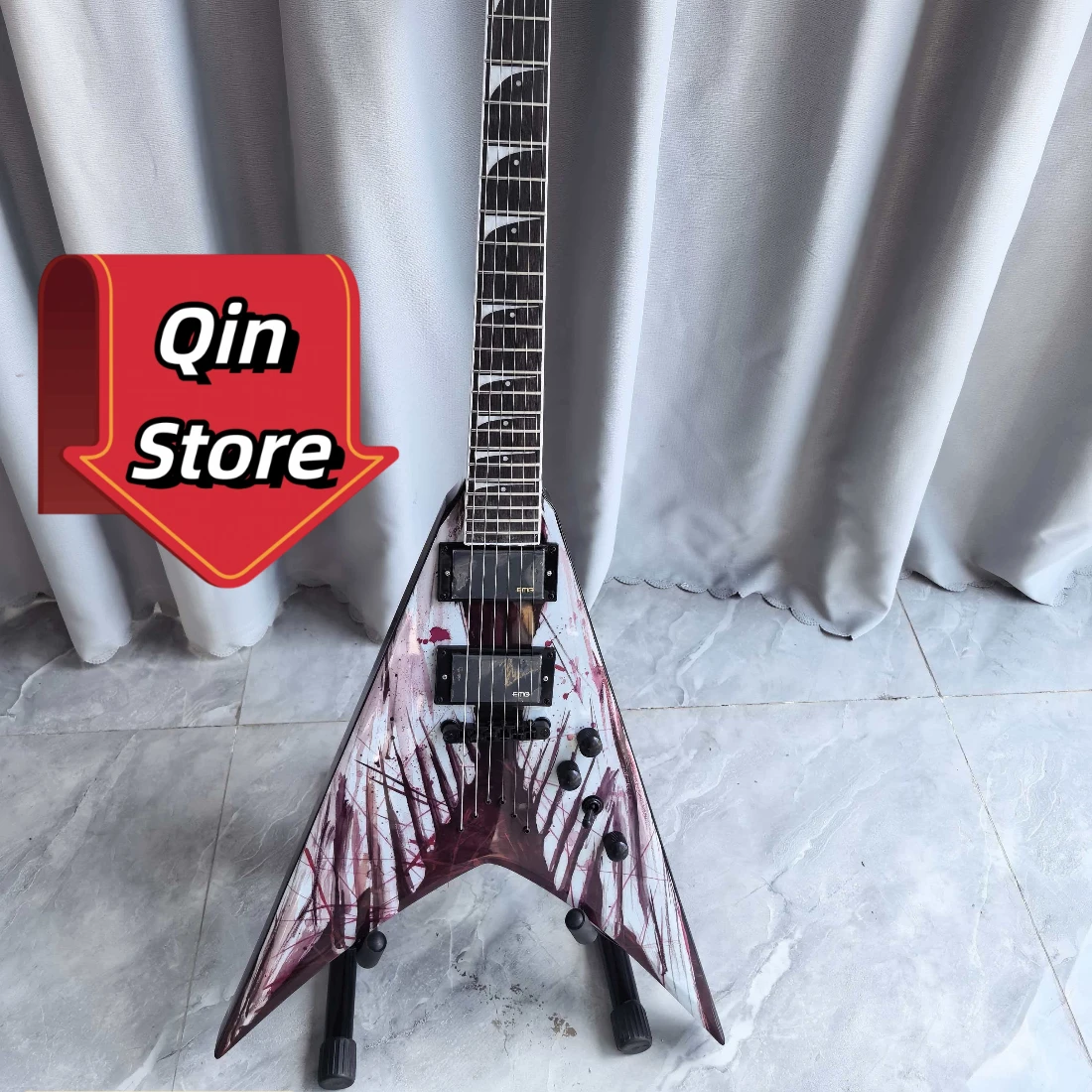 Death Angel V Blood Splash Art HH Pickup Electric Guitar Sawtooth Moon Inlaid Dark Alien Unisex