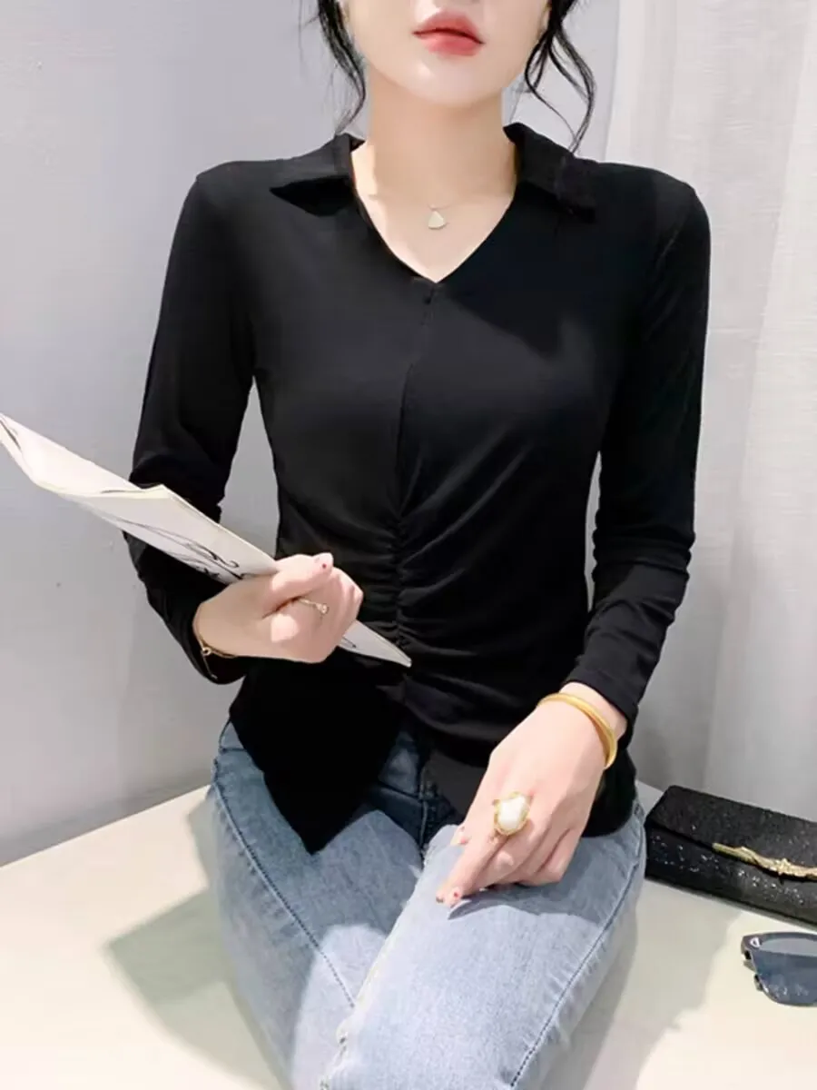 เสื้อยืดสำนักงาน2024สง่างามสีทึบผู้หญิง S-4XL มีรอยจีบแขนยาวคอปกเสื้อแยกริมสำหรับฤดูใบไม้ร่วงฤดูหนาว