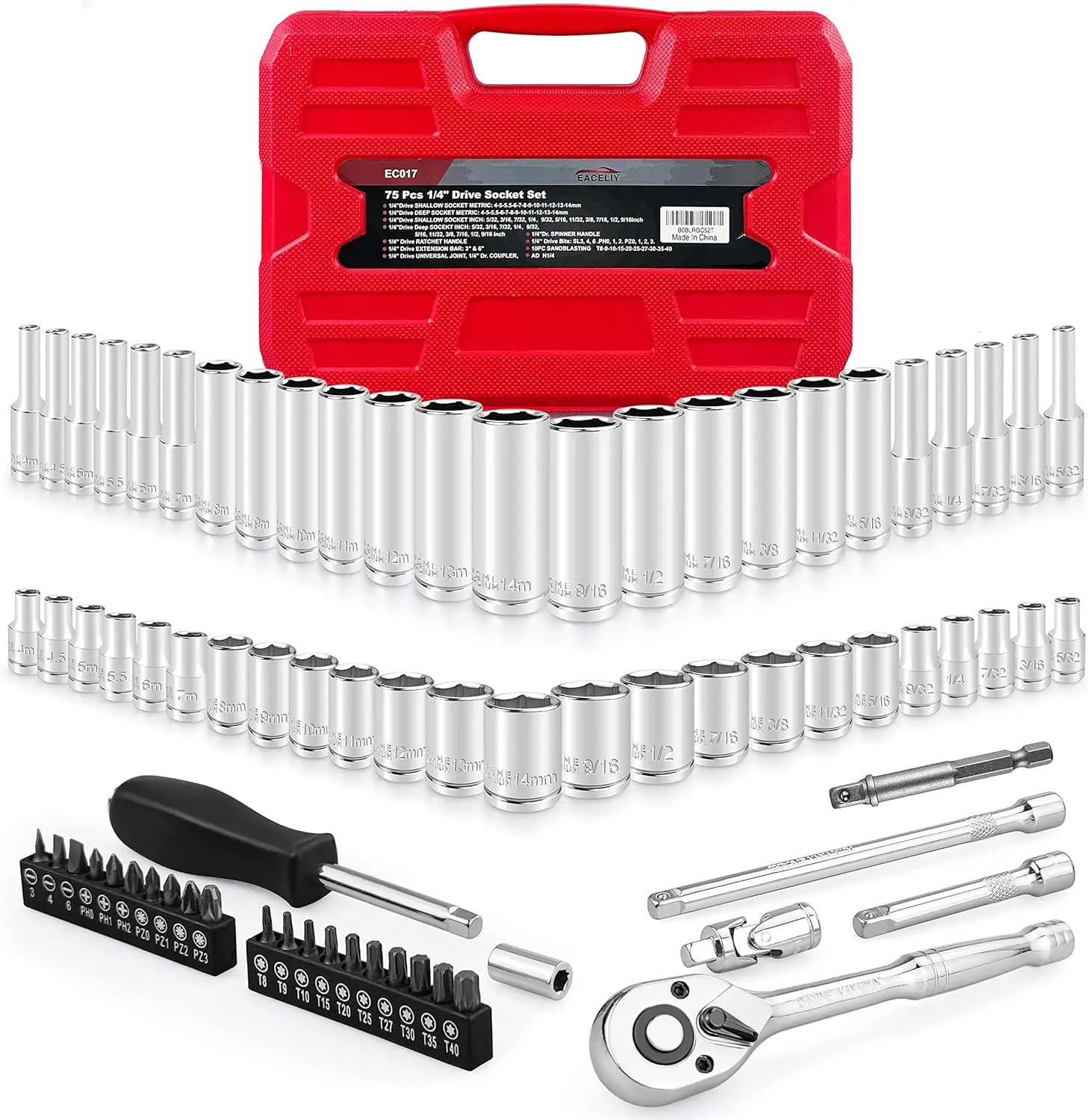 

75pcs 1/4' Drive Impact Socket Set with Adapter, Extension, Universal Joint & Ratchet (4-14mm)