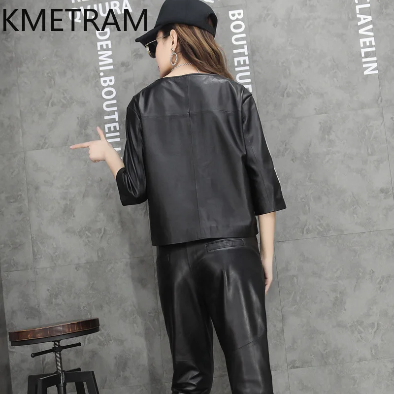 本物の羊皮トップレイヤーのレディース本革ジャケットとパンツカジュアルスーツ女性秋服2025 дубленка женская