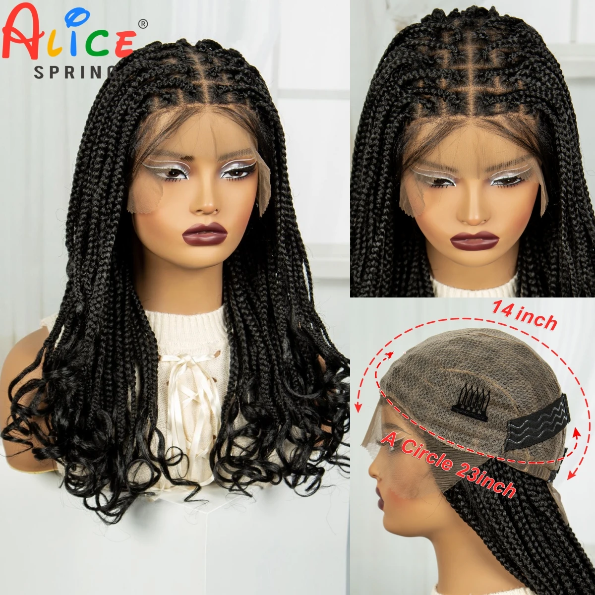 22inch HD Full Lace Braided Wigs Natural Synthetic Knotless Box Braids Wig Boho Braided Lace Wig with Wavy Ends for Black Women