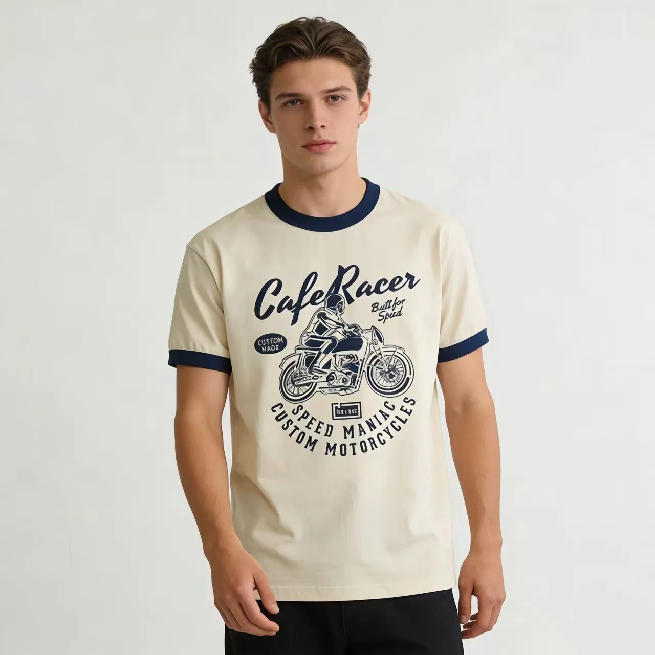 American Retro Motorcycle Print Color Blocked Amikaji T-shirt 200g Round Neck Color Blocked Collar