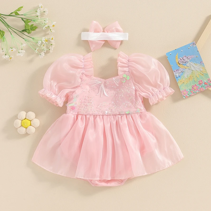 Baby Girls Romper Dress Outfits Puff Sleeve Mesh Layered Tutu Bodysuit Princess Romper Dress with Headband Set