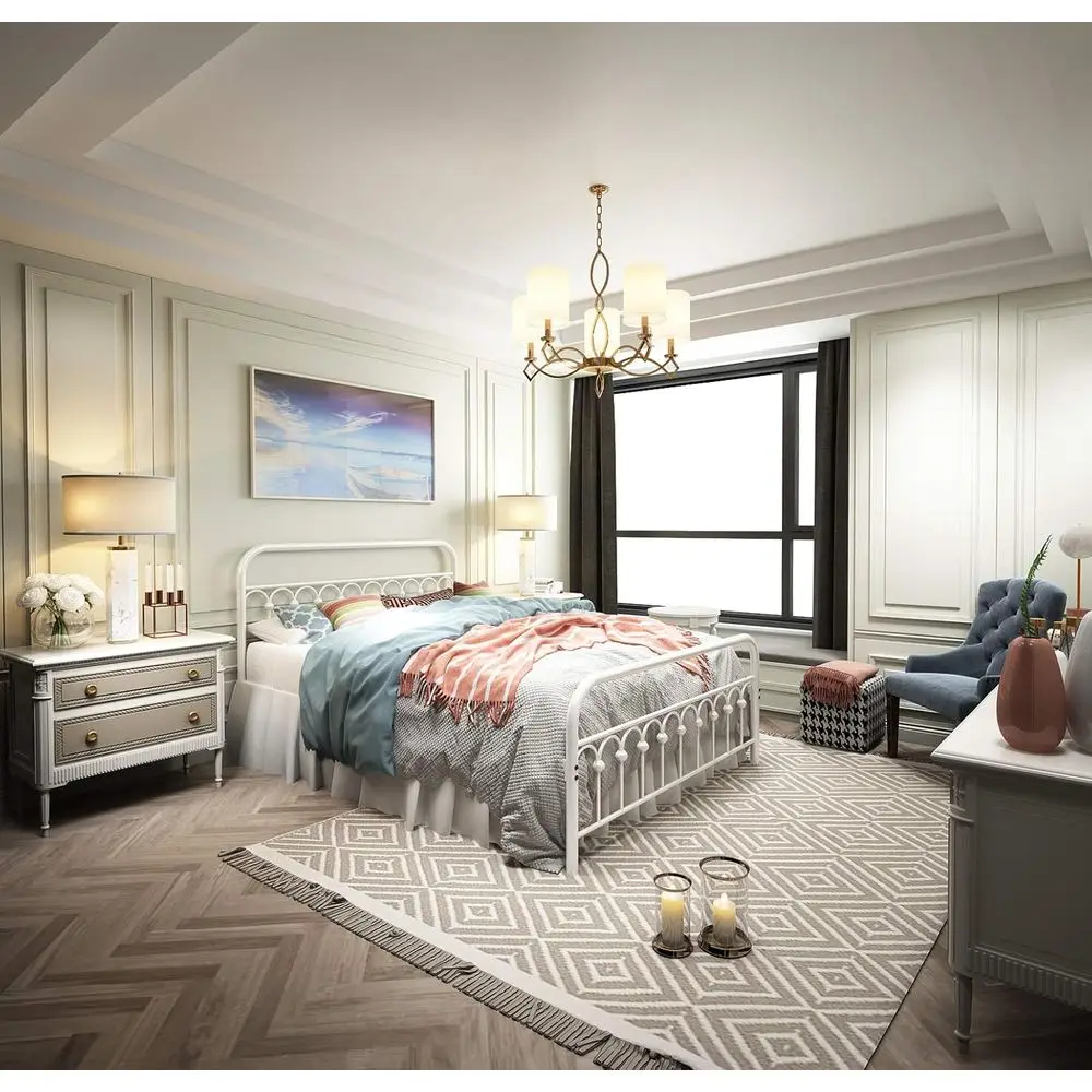 Vintage Queen Metal Bed Frame with Wrought Iron Headboard, Footboard, and Platform Base (White)