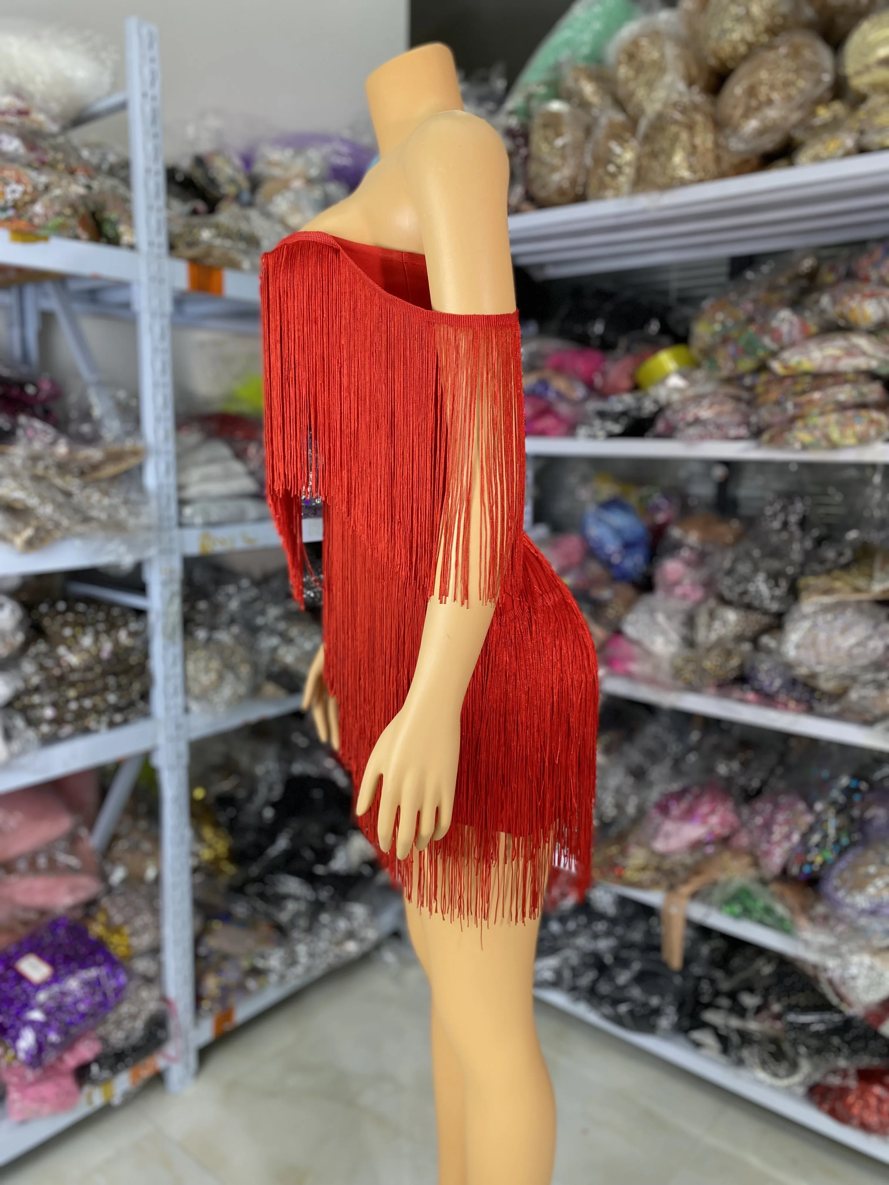 Femmes rouge frangé pansement moulante Mini robe épaules nues broderie célébrité soirée Club robes de soirée discothèque Gogo Costume