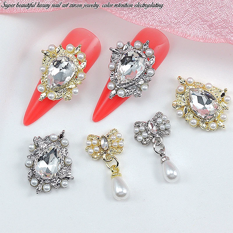 

10PCS 3D Luxury Alloy Bow Nail Art Charms Jewelry Parts Accessories Nails Decoration Supplies Crystal Rhinestones Pearl Pendant