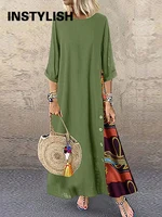 Vestido largo con estampado Vintage para mujer, traje holgado de manga 3/4, holgado, con cuello redondo, estilo bohemio, Harajuku