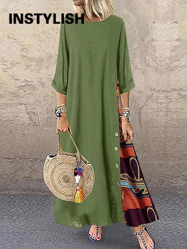 Kobiety nadruk w stylu Vintage długa spódnica patchworkowa Boho 3/4 rękaw długi oversize sukienka Casual Harajuku O szyi luźna sukienka elegancka sukienka