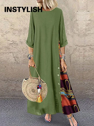 Vestido largo con estampado Vintage para mujer, traje holgado de manga 3/4, holgado, con cuello redondo, estilo bohemio, Harajuku