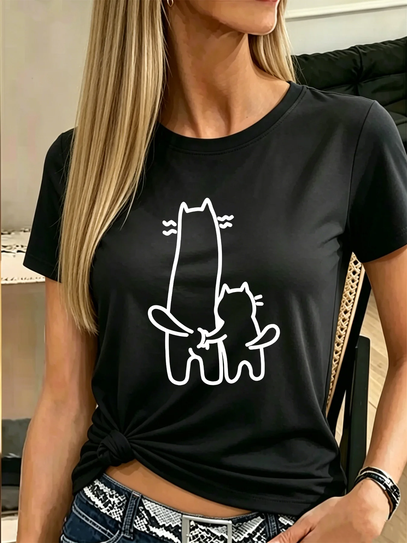 Lovely Hugging Cats Minimalist Graphic Womens T Shirt Simple Line Art Pet Tee Short Sleeve Casual Daily Streetwear Ladies Tops
