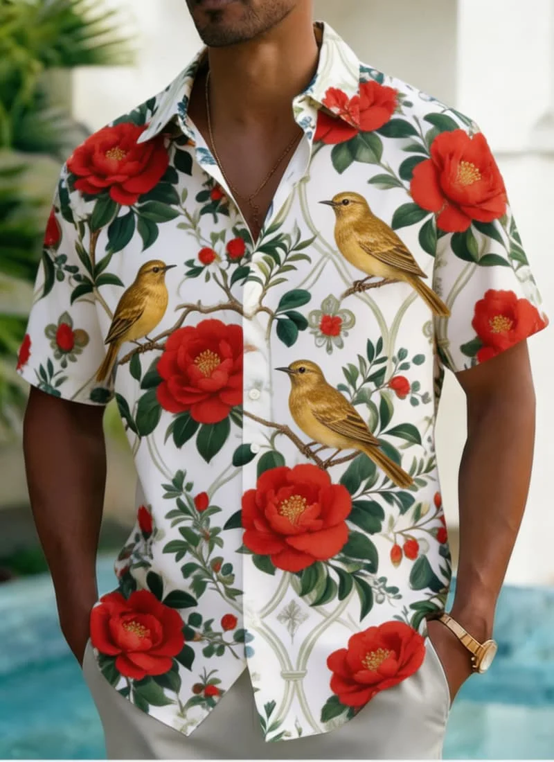 

Men's Vibrant Floral & Bird Print Shirt, Bold Botanical Style for Summer Parties, Outdoor Events, Vacation & Daily Outfits