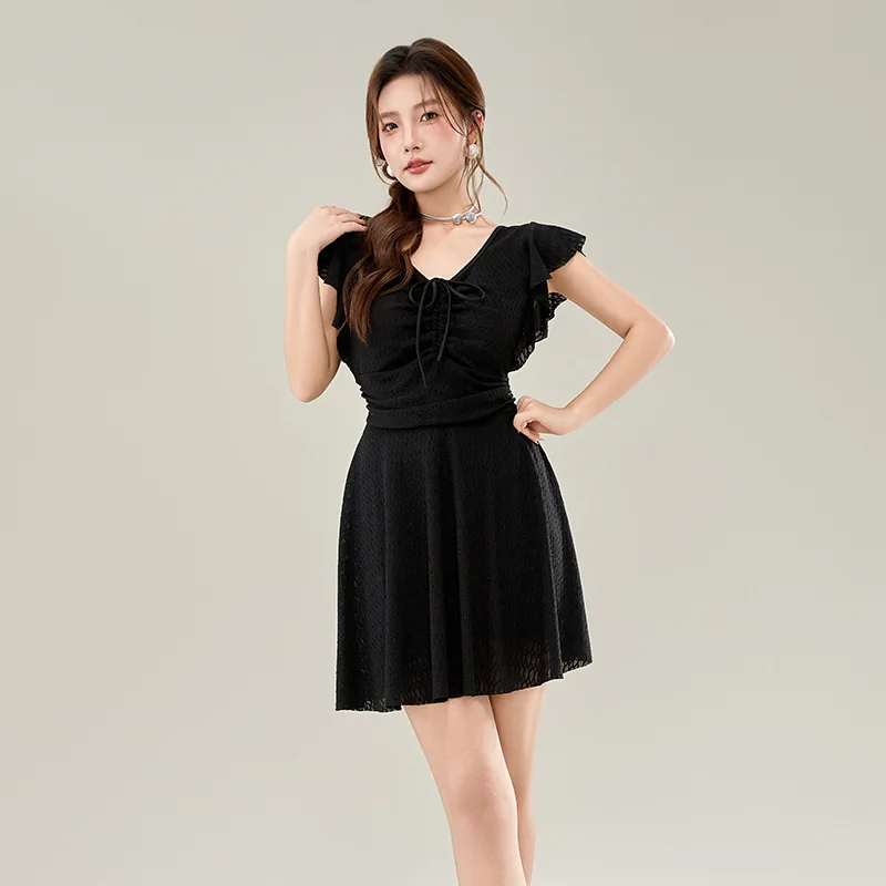 2025 New One-piece Dress Swimsuit Women Solid Color Conservative V-neck Beach Skirt Beach Vacation Hot Spring