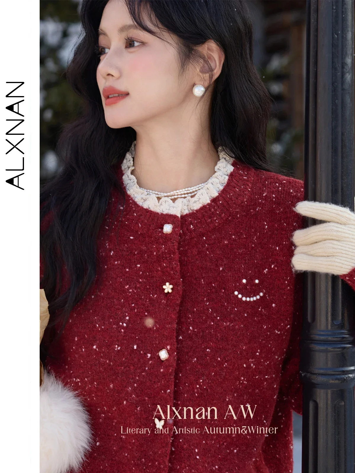 ALXNAN Red Cardigan Women's Spliced Lace Collar Chic Pearl Buttons Sweaters 2025 Autumn Winter Long Sleeve Warm Knitwear L52502